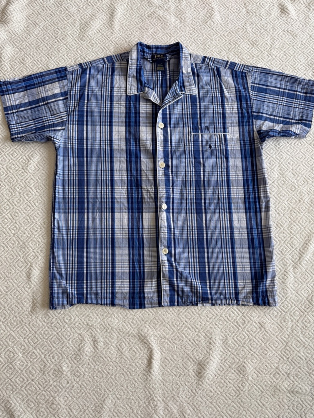 Polo Ralph Lauren Blue and White Plaid Short-Sleeve Button-Up Shirt Sz XL